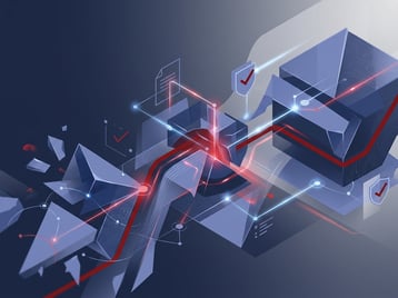 Abstract cybersecurity network showing a red attack path moving through interconnected systems, representing cyber threats across the Defense Industrial Base supply chain.