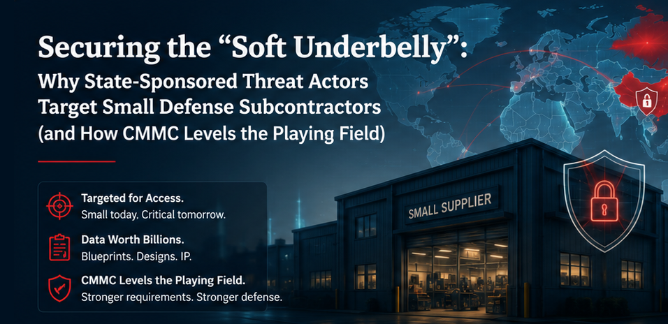 Cybersecurity graphic showing small defense subcontractors targeted by state-sponsored threat actors and protected through stronger CMMC requirements across the Defense Industrial Base.